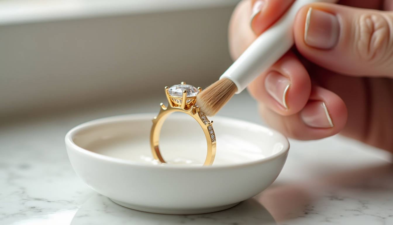 Main tenant une bague en or avec diamant, en cours de nettoyage avec une brosse douce et un liquide spécifique