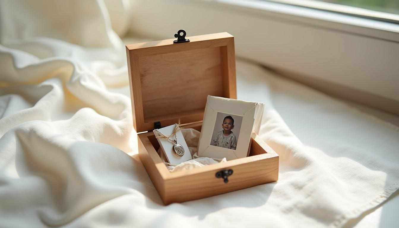 Médaille de baptême présentée dans un coffret en bois avec photo et carte de remerciement