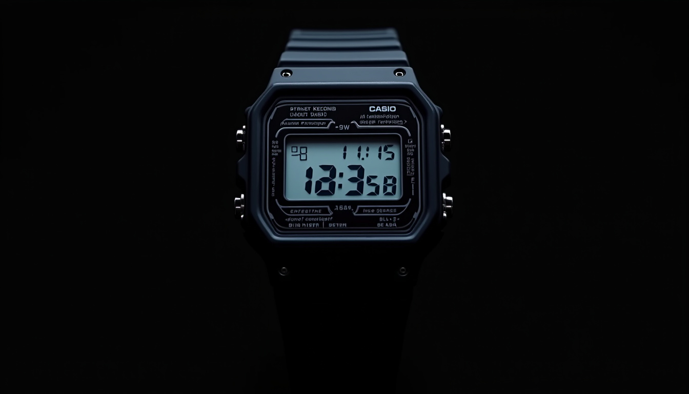 Montre Casio F-91W vue de face sur fond noir, avec écran LCD allumé et bracelet noir en plastique