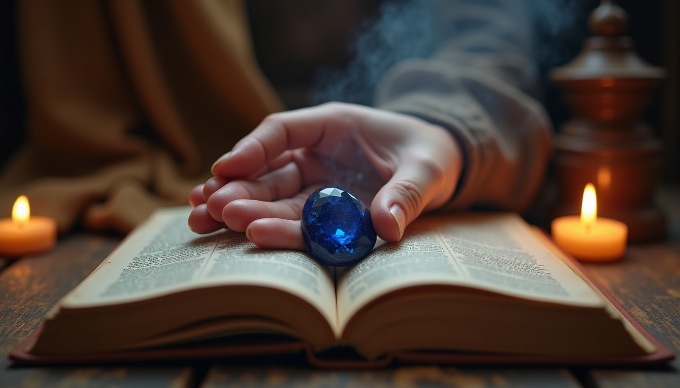 Photo d'une main tenant un saphir bleu posé sur un livre ouvert, dans un cadre de méditation et de bien-être personnel