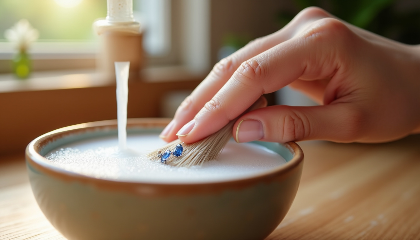Photographie d'une bague en saphir en cours de nettoyage avec une brosse douce et de l'eau savonneuse, dans un cadre domestique lumineux