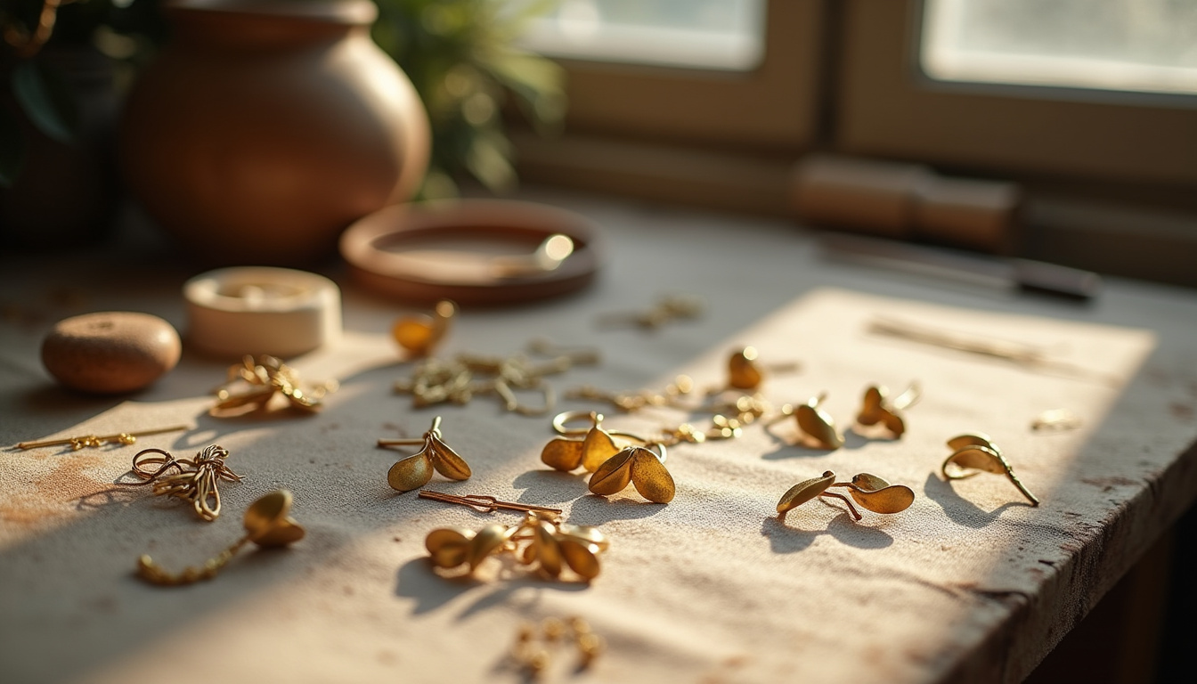 Présentation de bijoux en laiton doré, style naturel, dans l'atelier de Verpal à Paris