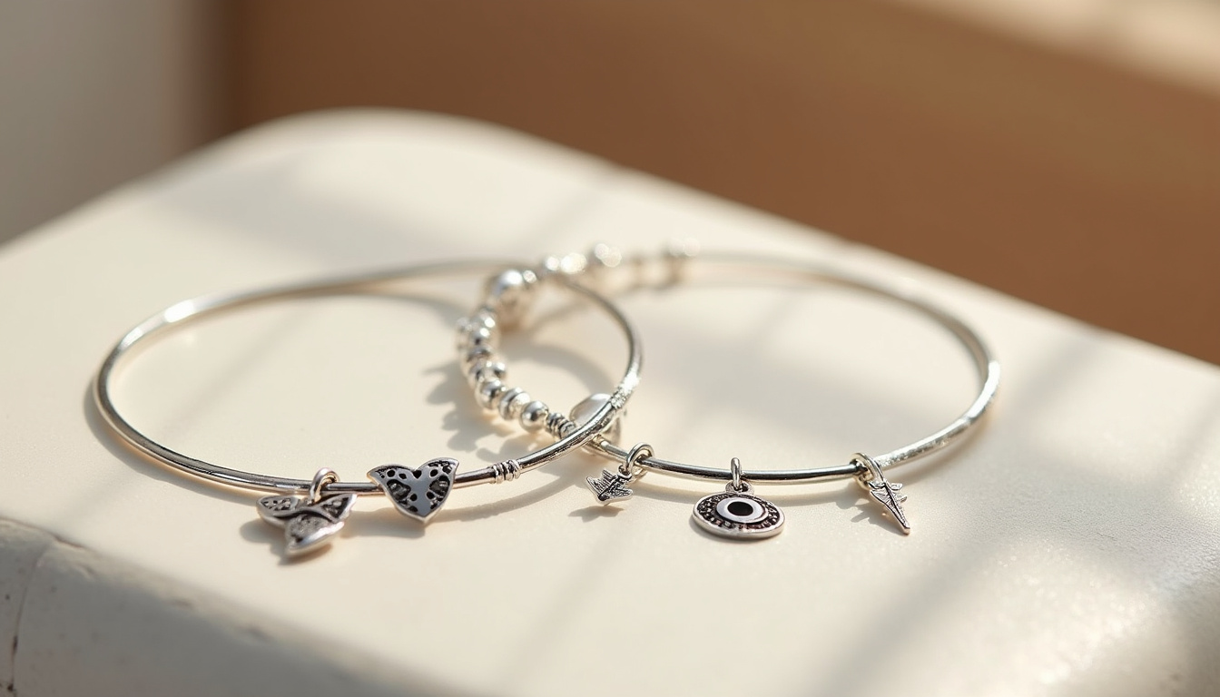 Présentation de différentes collections de bijoux Alex and Ani avec des symboles gravés comme le papillon, le cœur, la flèche et l'œil de türk