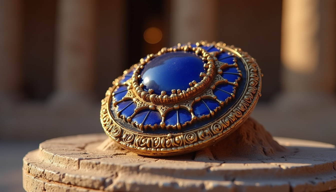 Représentation historique d'une rosette en saphir portée par un dignitaire antique, symbole de sagesse et de pouvoir spirituel