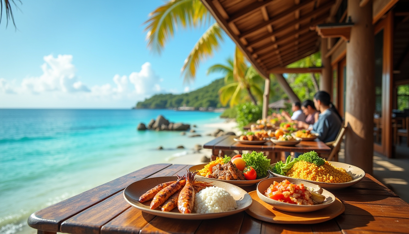 Restaurant typique de Mya Bay avec terrasse en bois, vue sur la mer et présentation de plats locaux