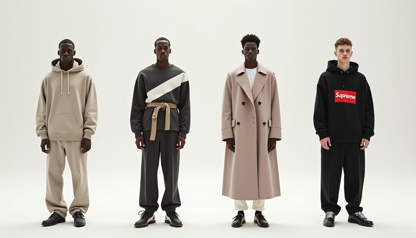 Tableau comparatif visuel entre Fear of God, Off-White, Acne Studios et Supreme avec silhouettes et codes esthétiques