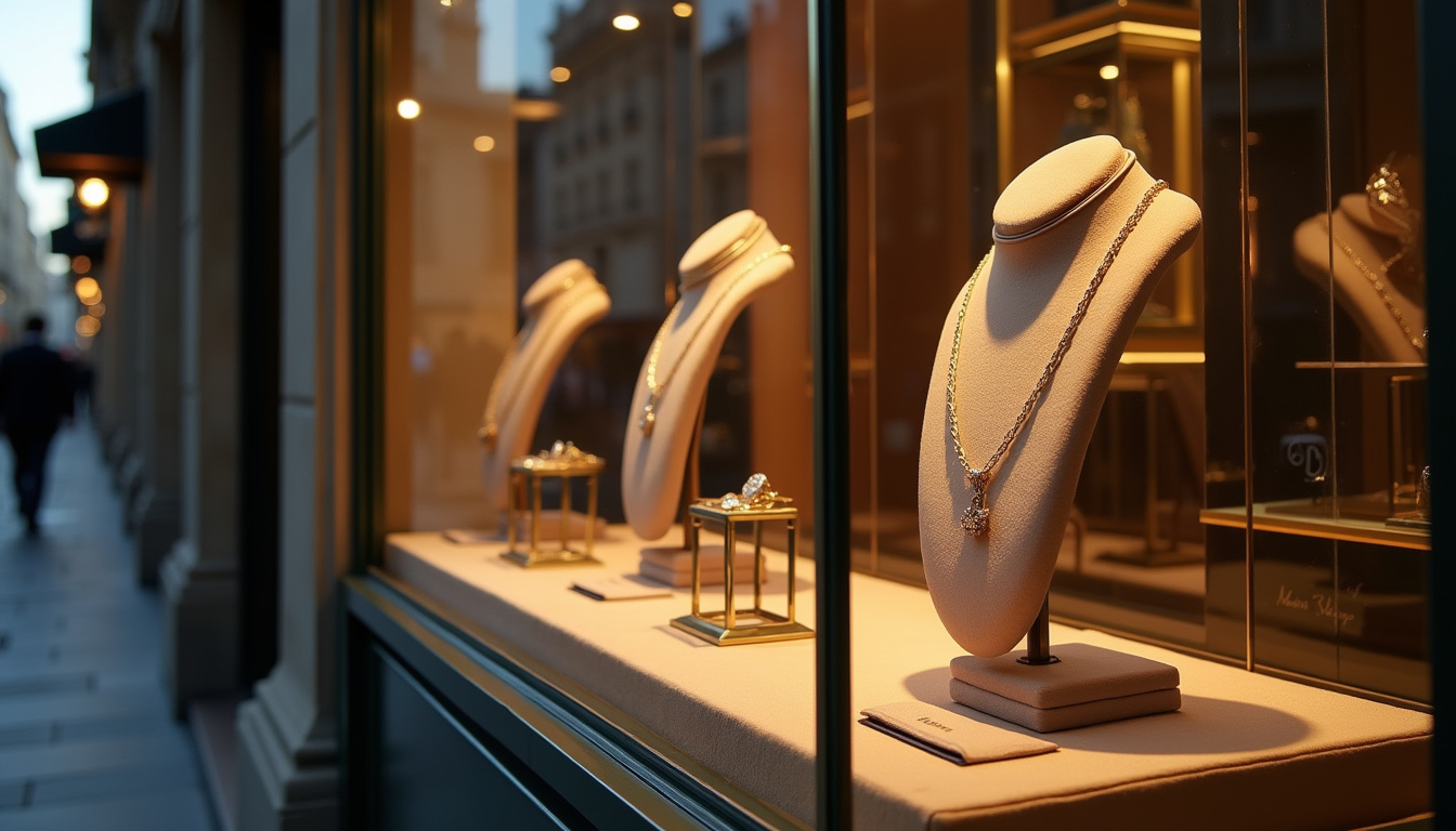 Vitrine d'une bijouterie parisienne dans le centre de la ville, avec exposition de colliers et bagues sous éclairage doux