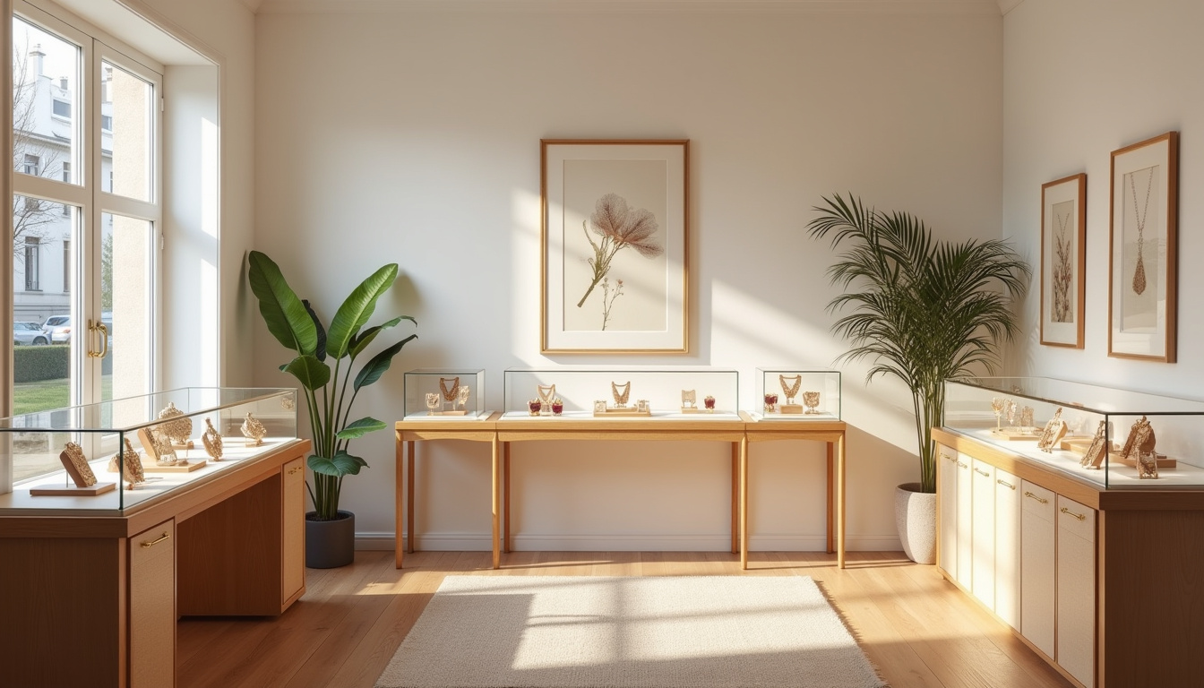Vue intérieure de la boutique arije à Paris, avec présentoirs de bijoux