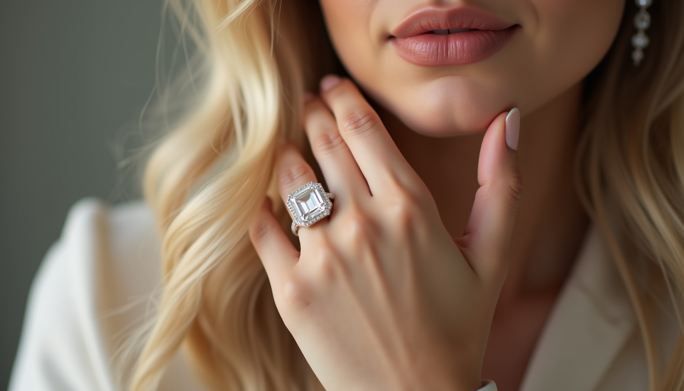 Vue rapprochée de la bague de Hailey Bieber montrant la taille émeraude et la sertissure en griffe