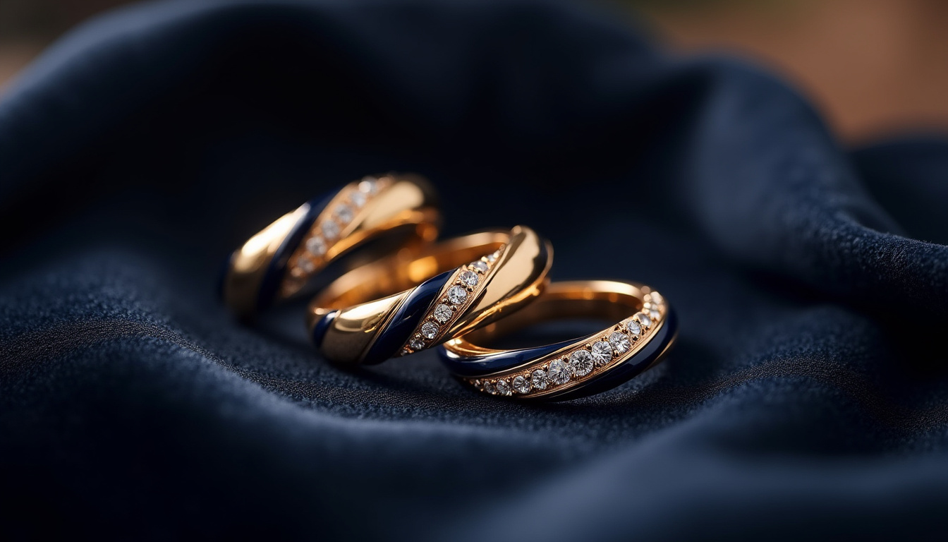 Vue rapprochée des différentes variantes de la bague Trinity: Classic, Panthère et Bleue, exposées sur un tissu sombre