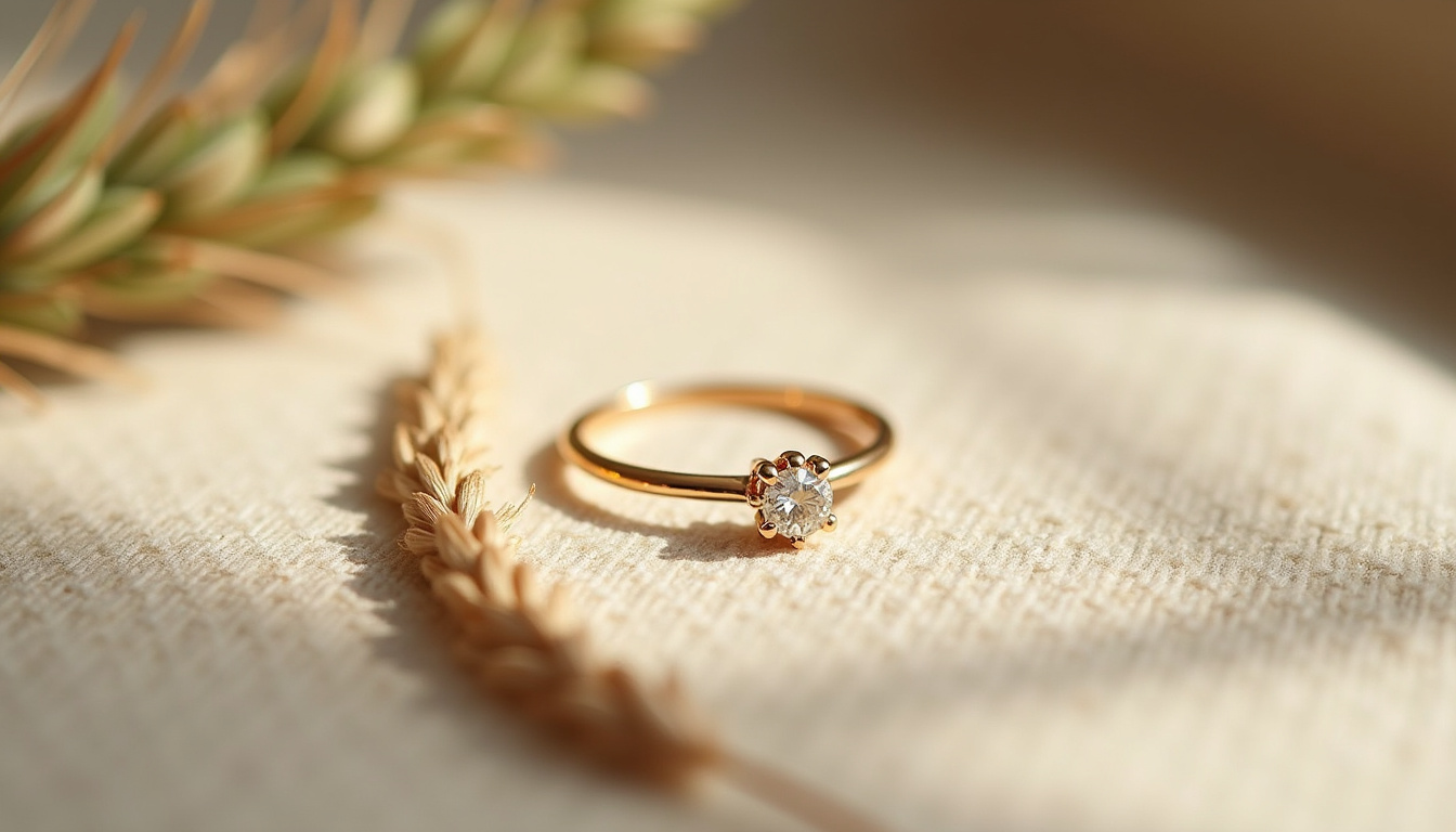 Bague de fiançailles en or recyclé avec diamant de laboratoire, posée sur un fond neutre évoquant la durabilité