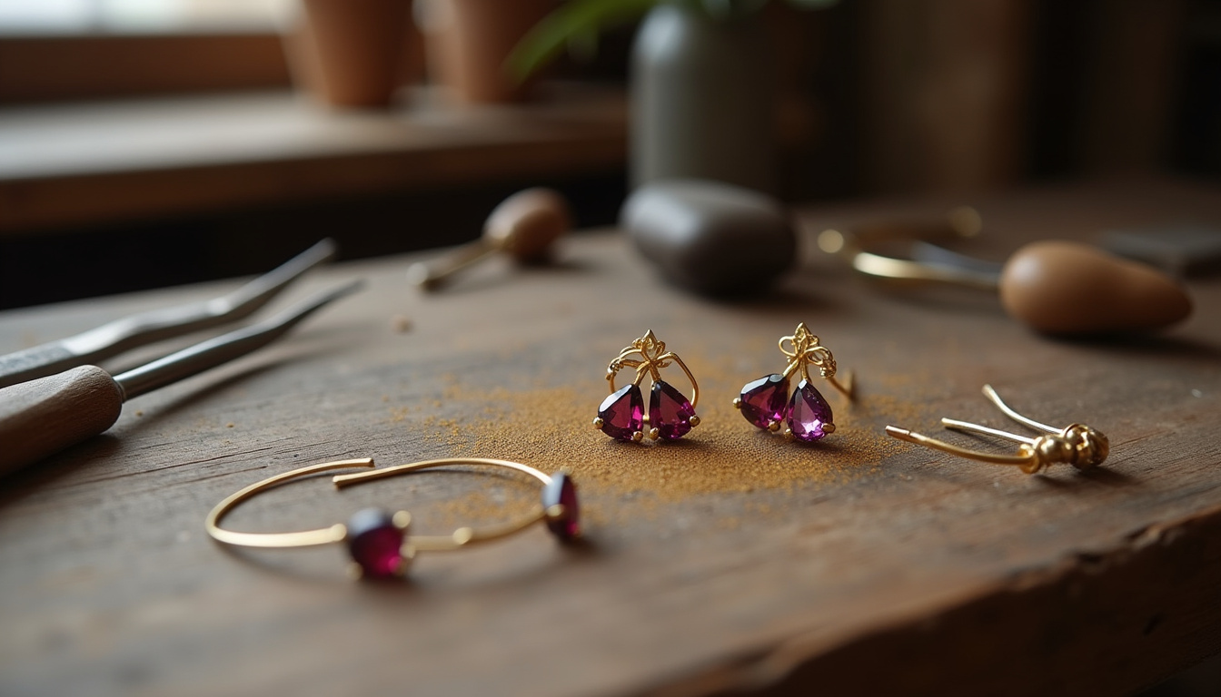 Boucles d'oreilles Agapée en cours de fabrication dans un atelier artisanal français, sur un établi en bois avec outils traditionnels