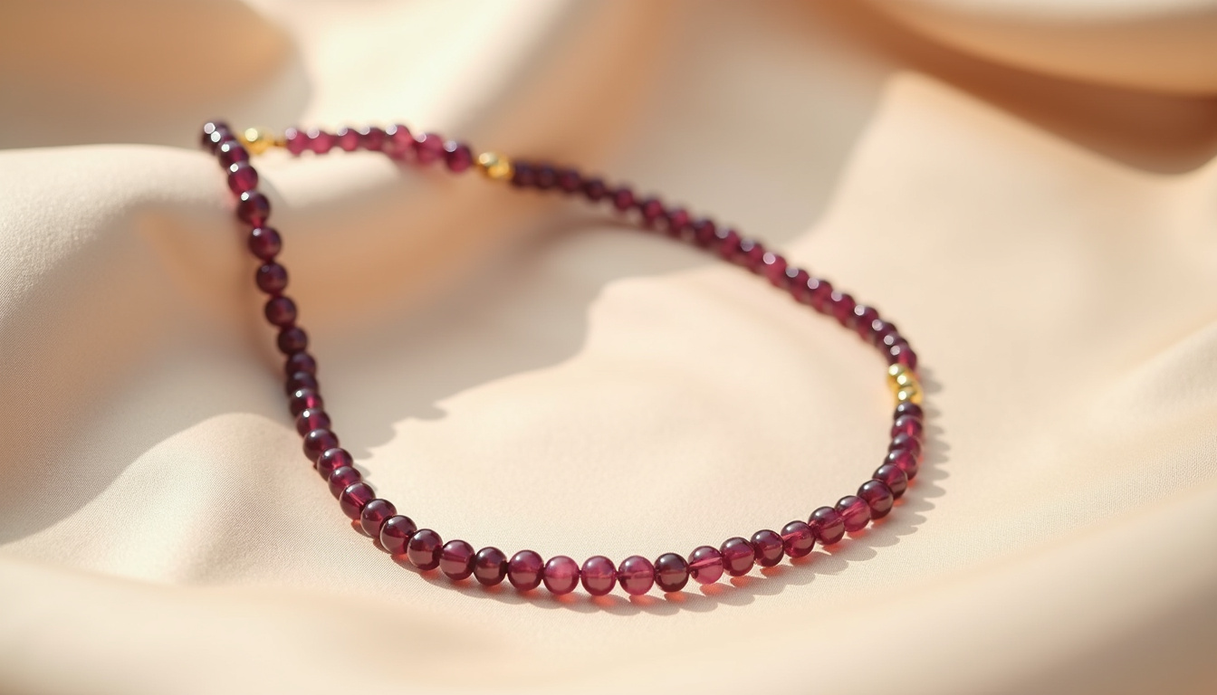 Collier sautoir Prune de la marque Luj Paris posé sur un fond clair