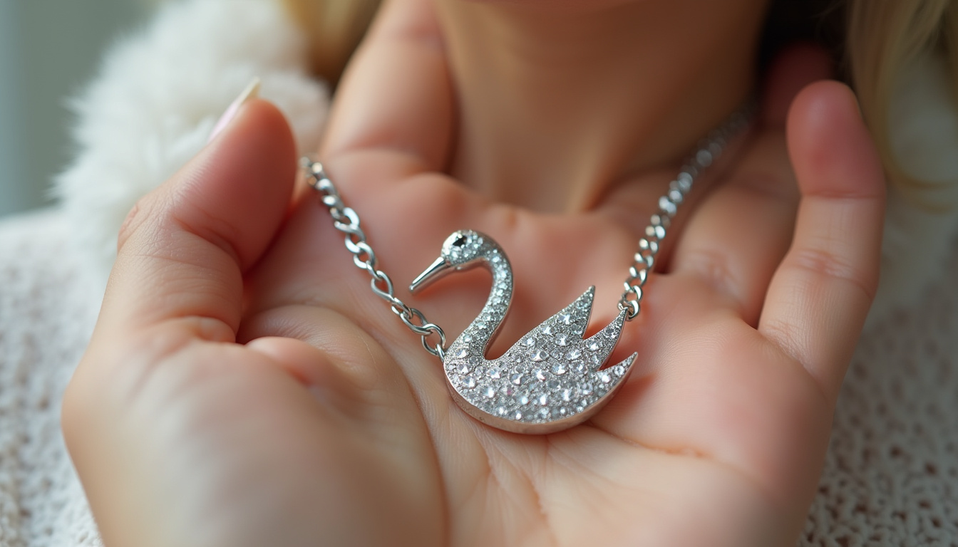Collier Swarovski Swan porté en main, montrant le pendentif cygne et la chaîne en métal rhodié