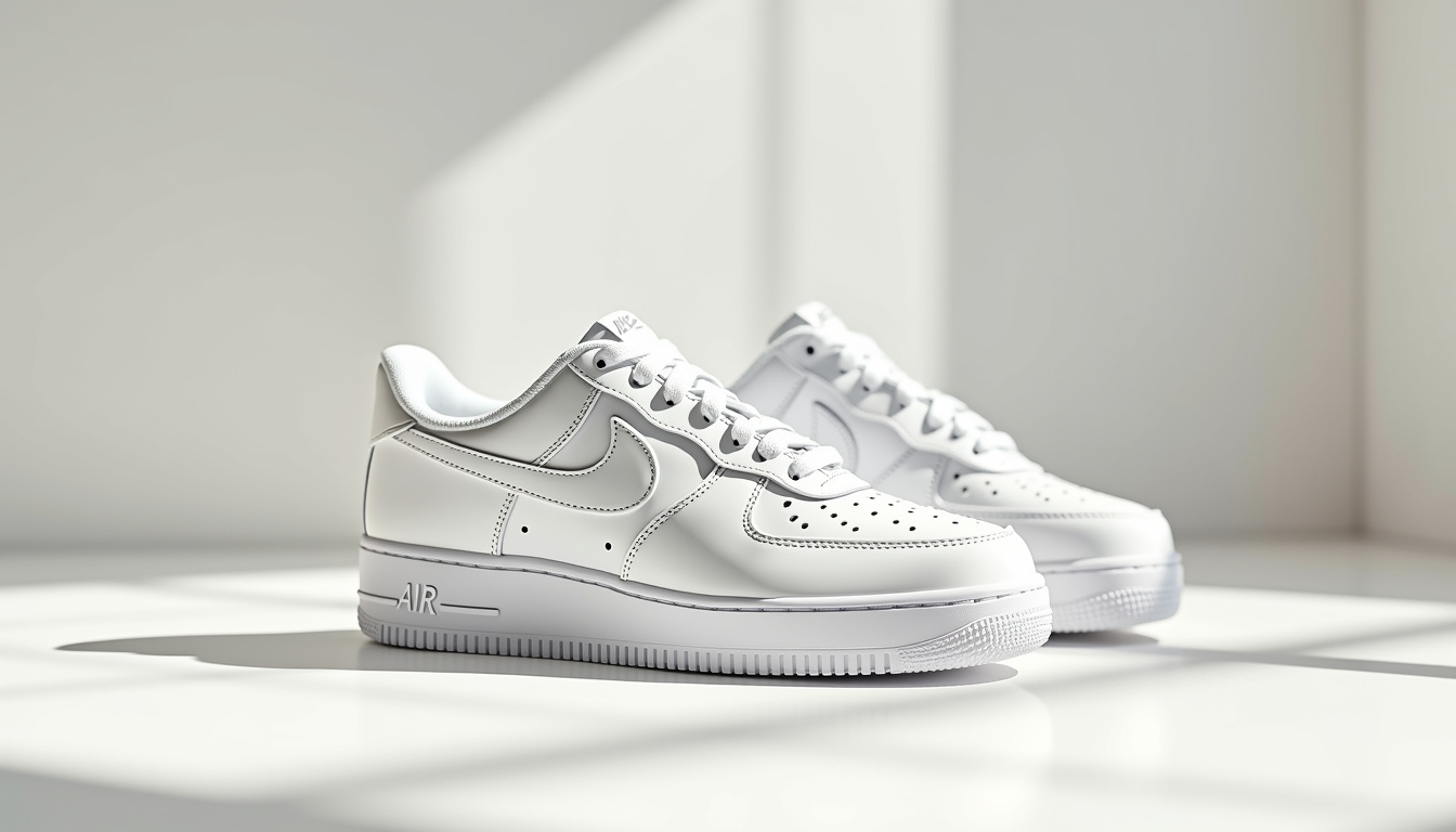 Détails techniques de la Nike Air Force 1 femme: semelle Air, tige en cuir, lacets plats et perforations d'aération