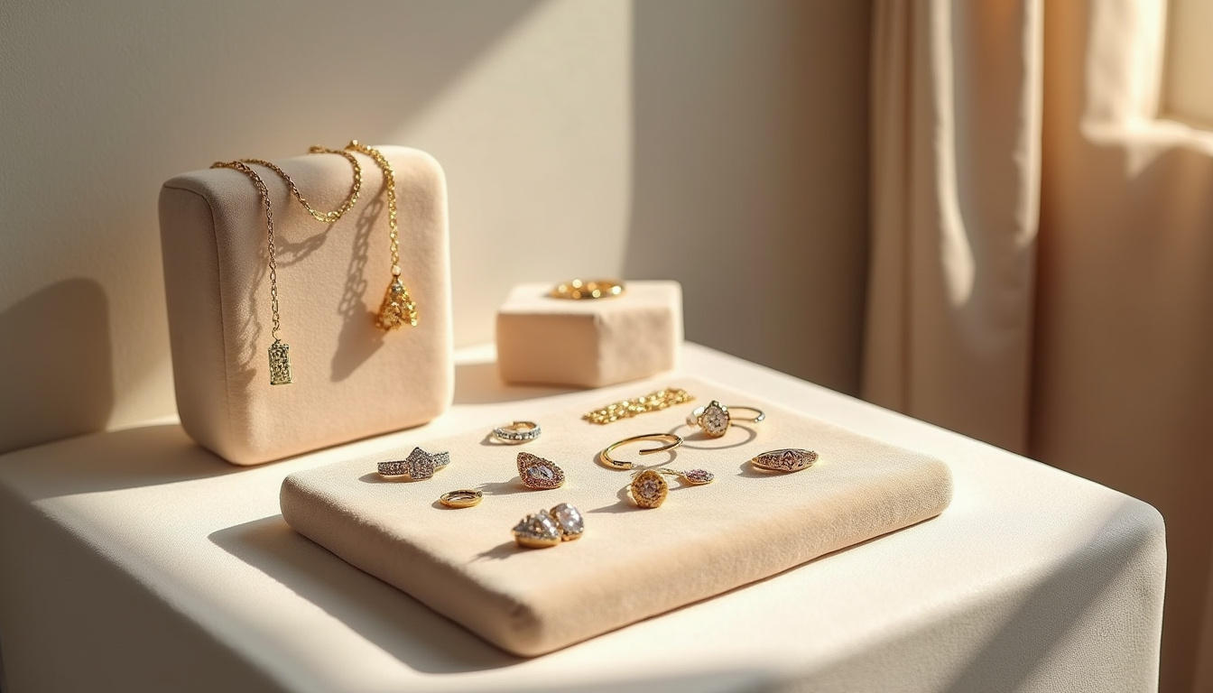 Disposition de bijoux Luj Paris sur un présentoir en velours beige