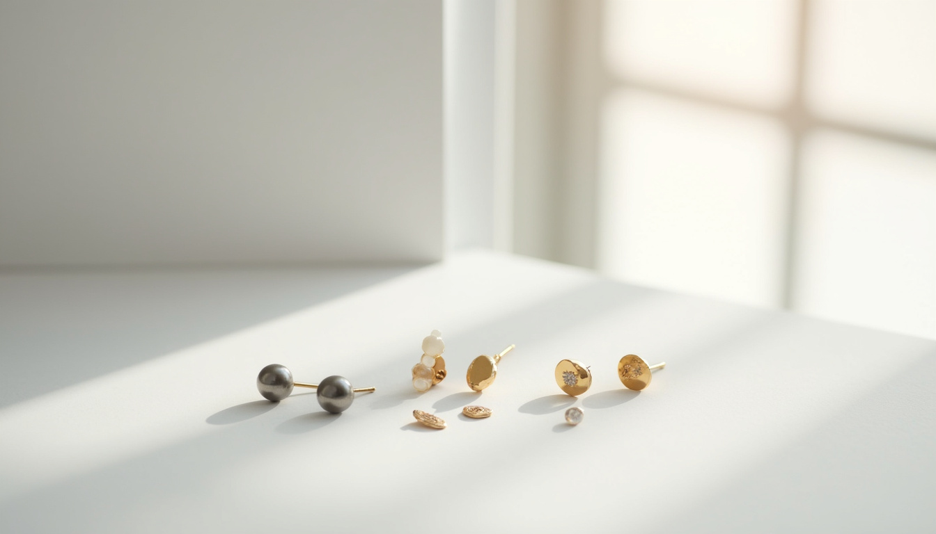 Exposition en studio des matériaux utilisés par Nébuleuse Bijoux: titane, acier, or, avec échantillons de piercings et boucles d’oreilles
