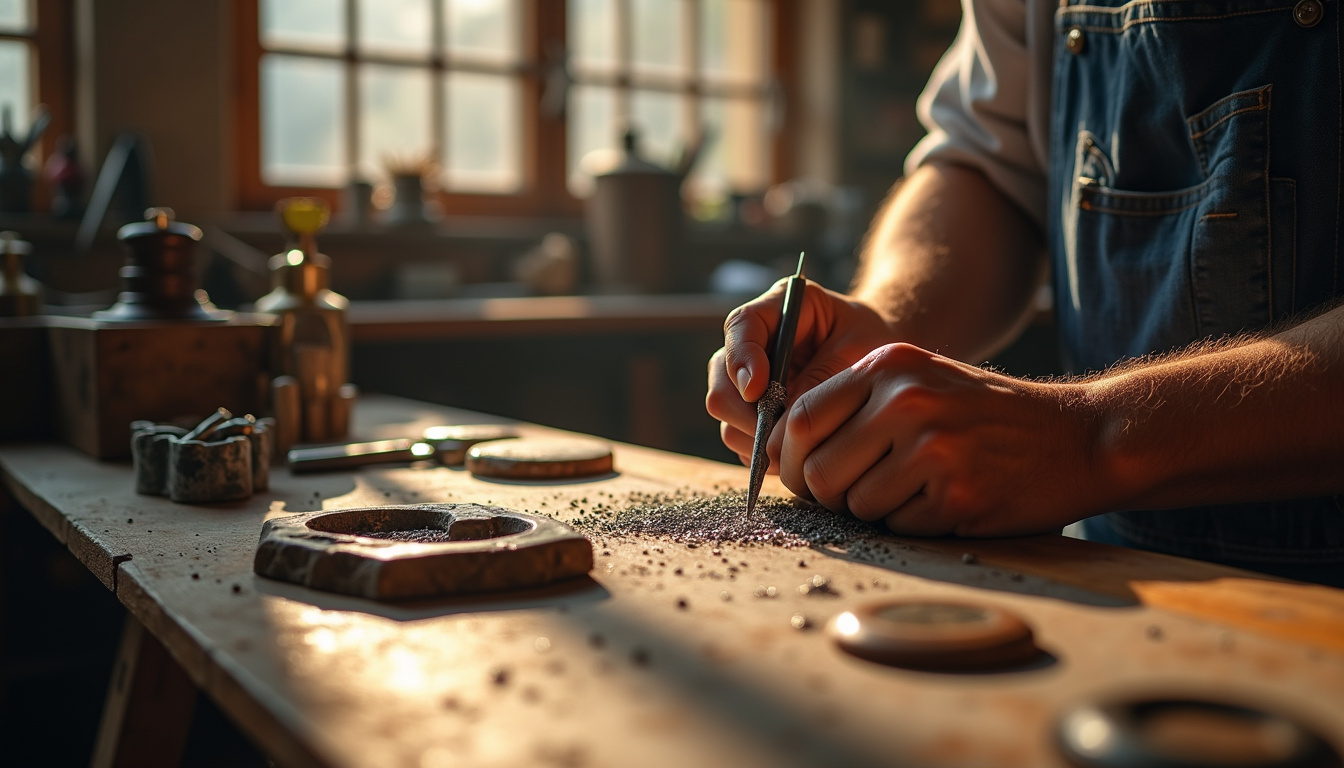 Jean Dinh Van travaillant dans son atelier, sculptant un bijou en métal avec des outils d'orfèvre