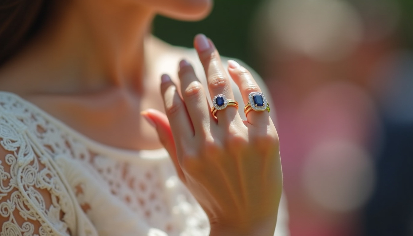 Kate Middleton lors d'une apparition publique, main levée montrant sa bague de fiançailles entourée de deux alliances fines en or