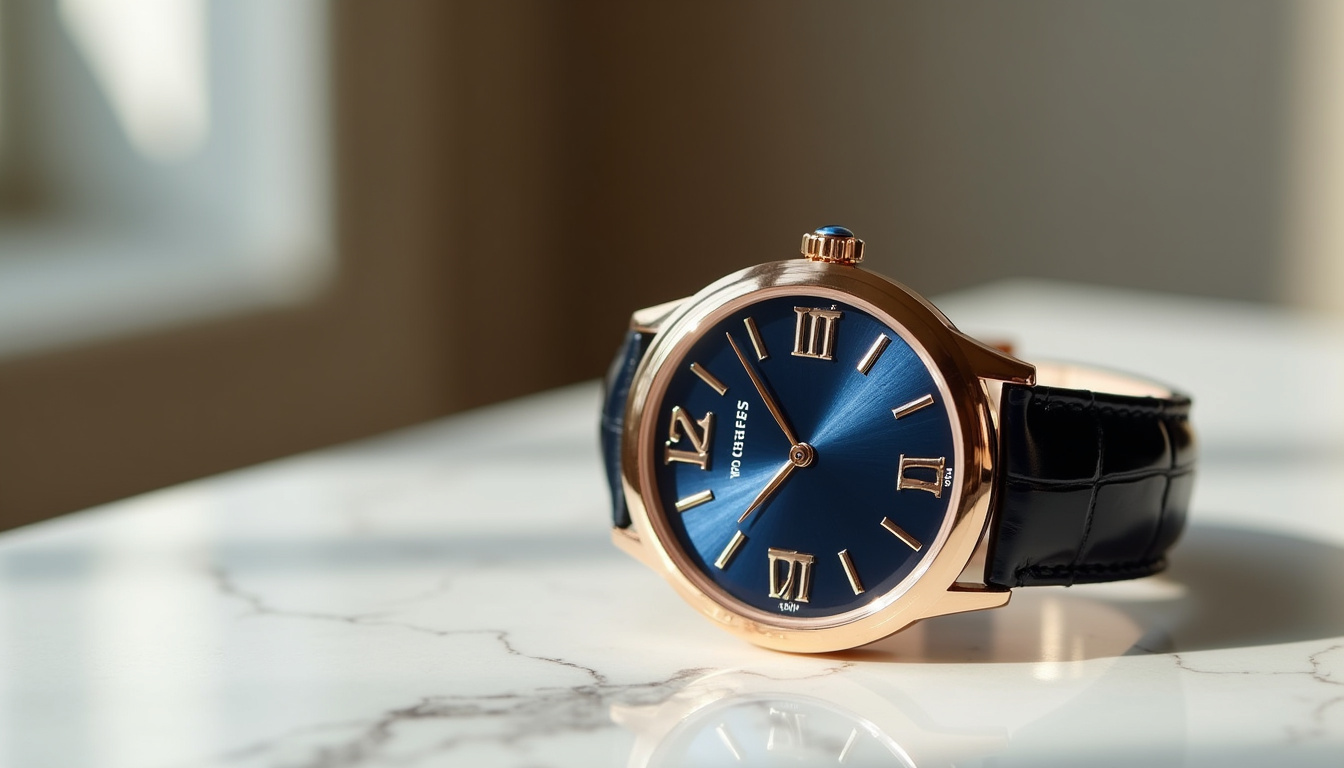 Montre Cartier Ballon Bleu en or rose avec cadran bleu signature et bracelet en cuir noir