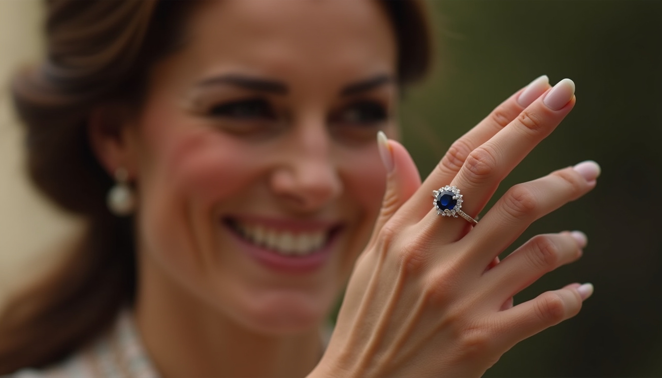 Photo d'archive de l'annonce des fiançailles de Kate Middleton et du prince William, main levée montrant la bague en gros plan