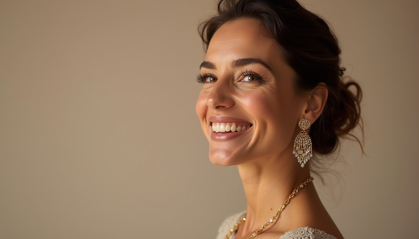 Portrait en studio d'Adélie Curtet, fondatrice de Nébuleuse Bijoux, souriant avec plusieurs de ses créations autour des oreilles