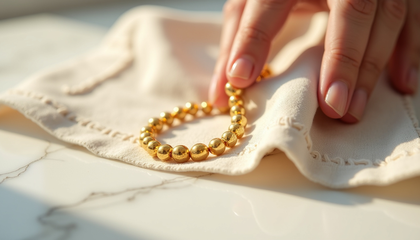 Présentation d’un chiffon doux utilisé pour nettoyer un bracelet Perlée en or jaune