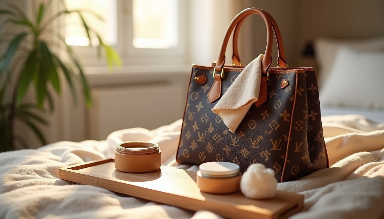 Soins d’un sac Louis Vuitton: nettoyage avec chiffon doux, application de crème sur les poignées en cuir