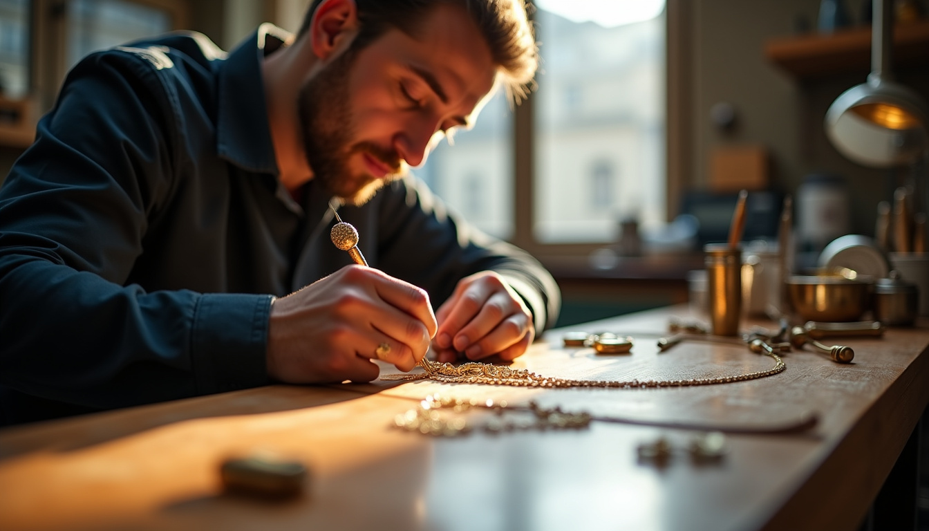 Atelier de joaillerie Chopard à Genève, artisan polissant un collier en or avec des diamants, lumière naturelle, outils traditionnels et numérique sur le plan de travail