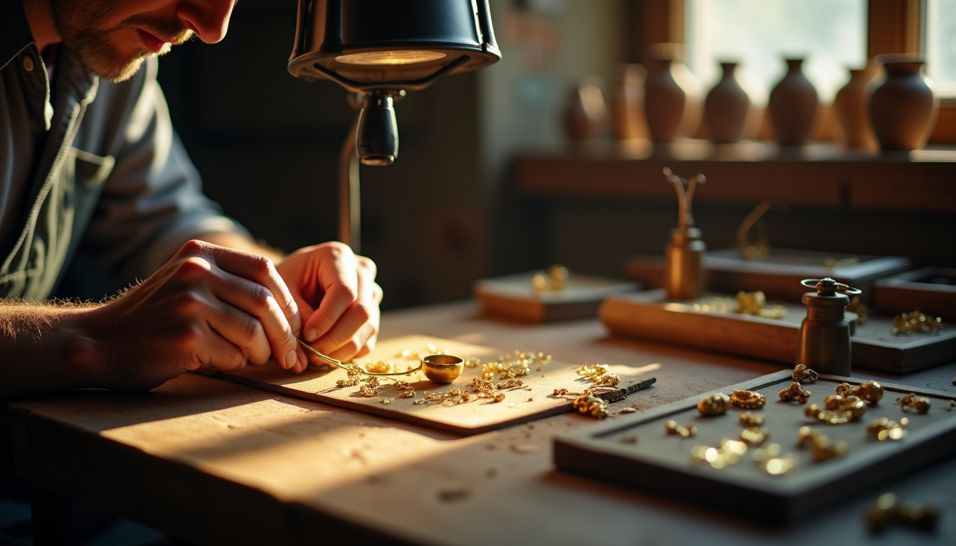 Atelier d’un artisan joaillier travaillant un bijou en or massif sous lampe loupe, outils traditionnels à portée de main