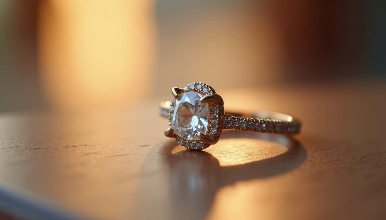 Bague de fiançailles de Meghan Markle en gros plan, montrant le mélange de style vintage et moderne avec les griffes arrondies et le diamant central en taille coussin