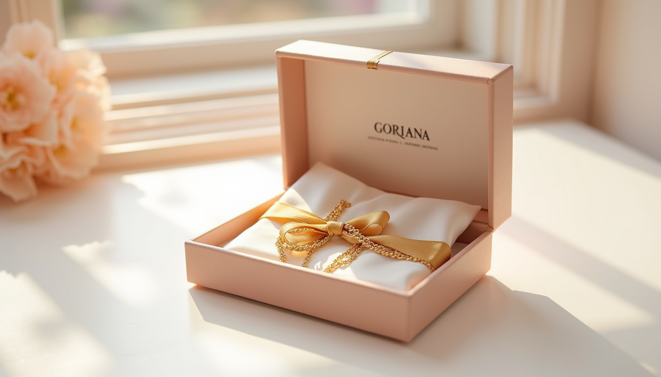 Bijoux Gorjana présentés dans leur écrin cadeau avec ruban doré