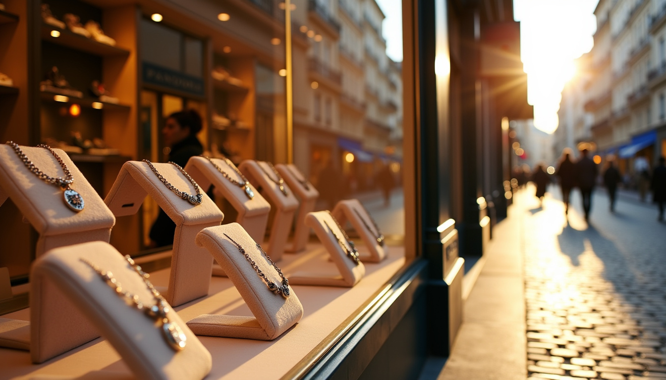 Boutique Pandora en France avec vitrine et bijoux exposés