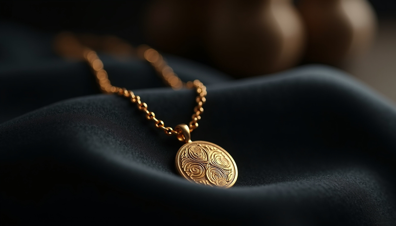 Collier Alighieri avec médaillon doré et chaîne fine posé sur un tissu sombre