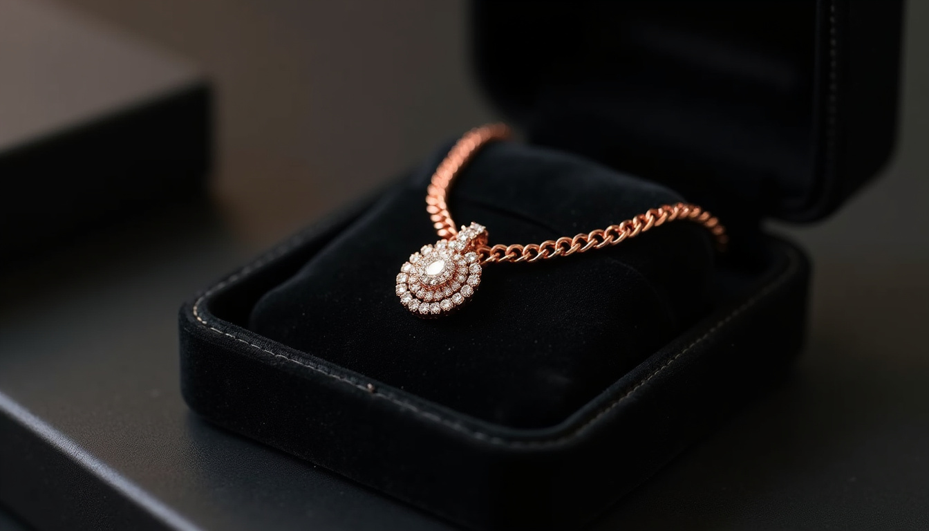 Collier en or rose et diamants signé Van Cleef & Arpels, exposé sur un écrin de velours noir