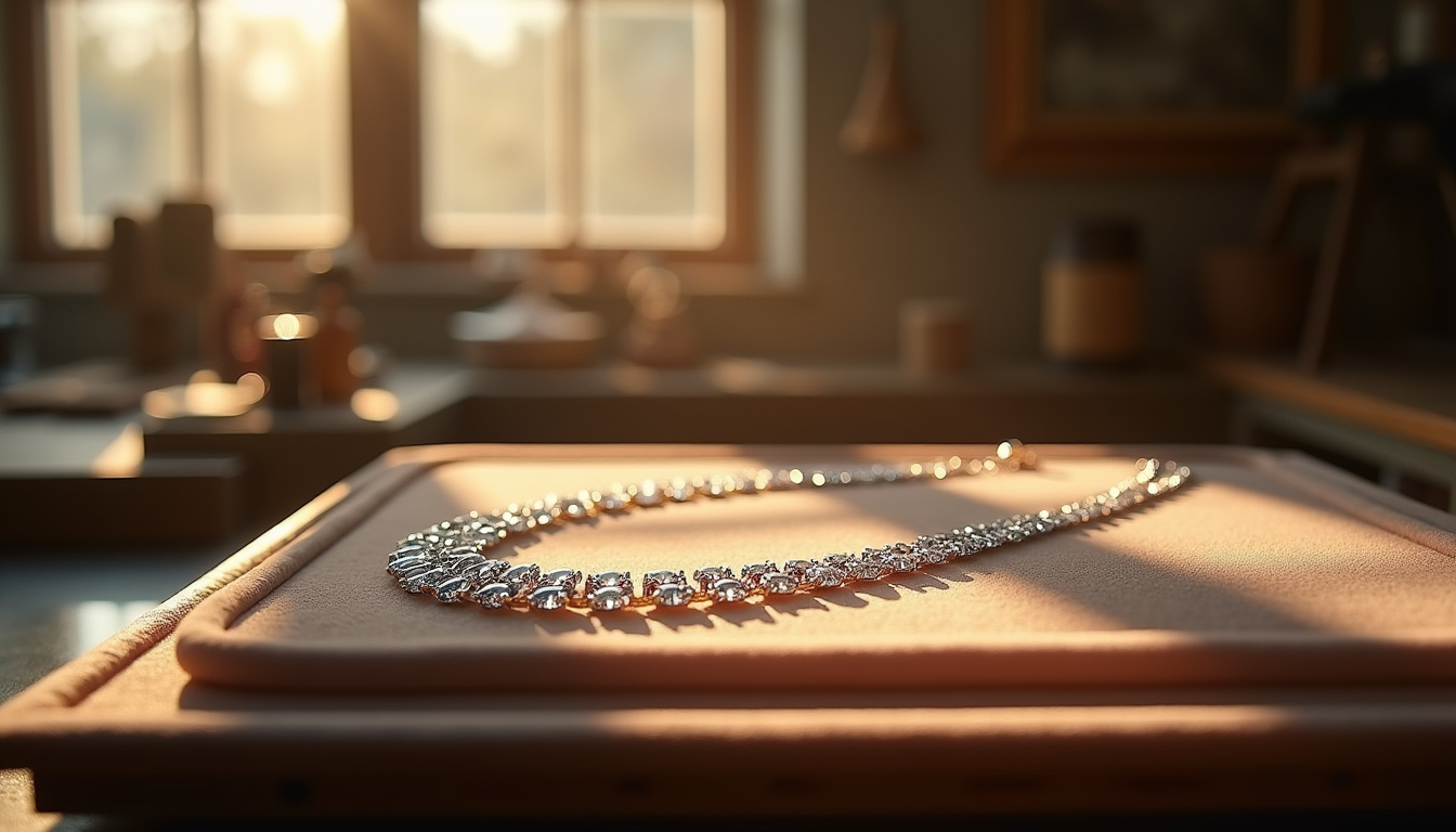 Collier Happy Diamonds Chopard avec des diamants flottants entre deux glaces de saphir, capturant la lumière naturelle dans un atelier de joaillerie