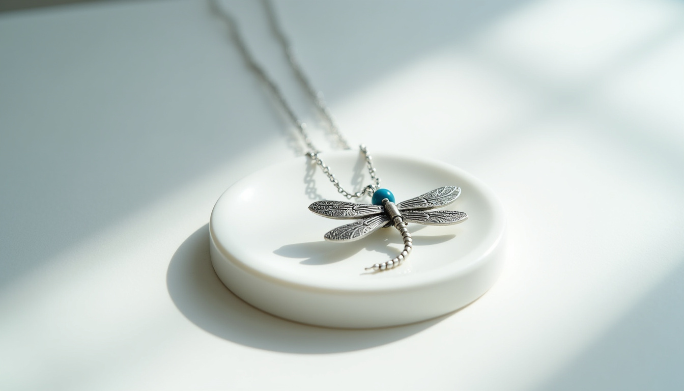 Collier Uno de 50 avec pendentif libellule en métal argenté et perles bleues