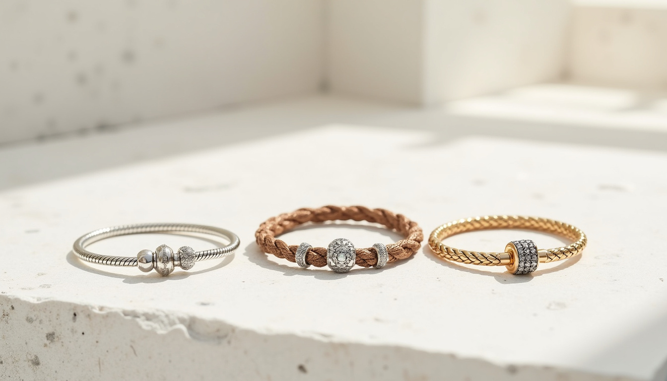 Différents modèles de bracelets Pandora Moments en argent, doré et cordon tissé