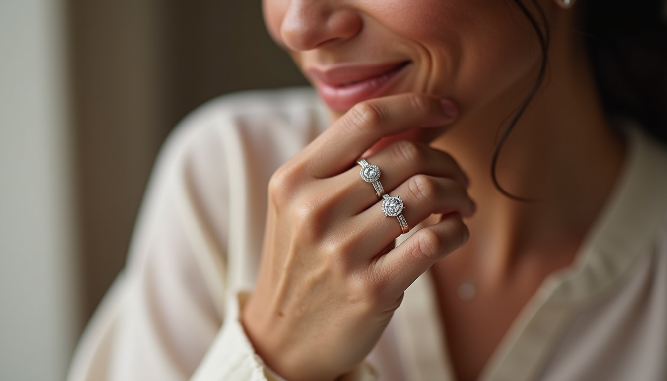 Meghan Markle portant sa bague de fiançailles modifiée avec un micro-pavé de diamants, associée à son alliance et à sa bague d'éternité