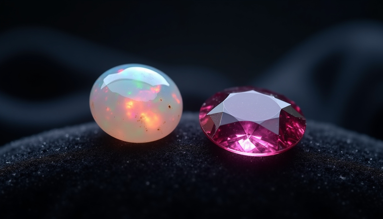 Opale et tourmaline, pierres de naissance d'octobre posées sur un fond sombre avec lumière tamisée