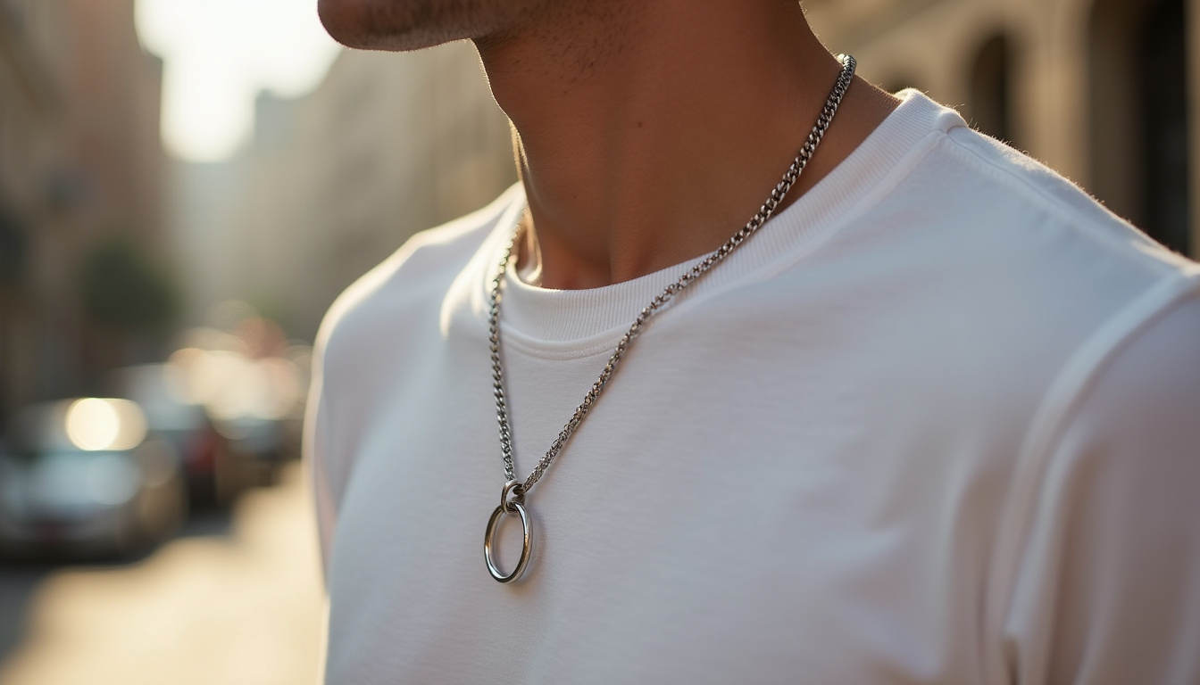 Personne portant un collier Dinh Van Menottes avec un t-shirt blanc, en situation de vie quotidienne