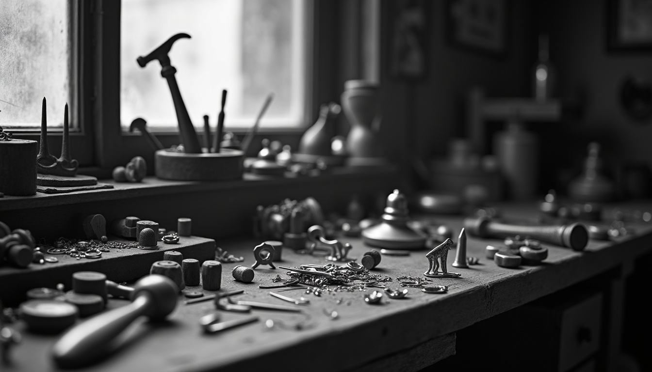 Photographie en noir et blanc de l'atelier initial d'Atelier Paulin à Paris, montrant les premiers outils de joaillerie et un établi en bois