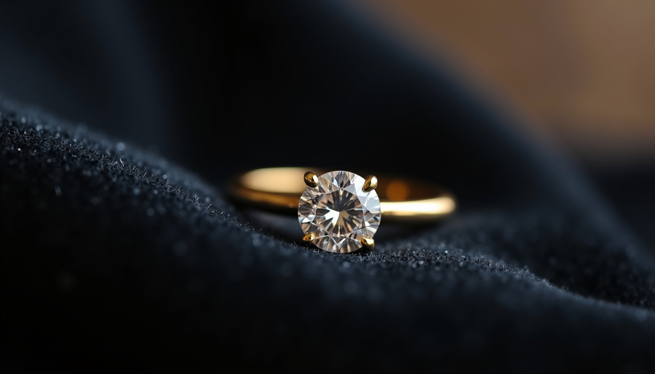 Reproduction d'une bague de fiançailles inspirée de celle de Meghan Markle, réalisée en moissanite et or jaune, posée sur un tissu sombre